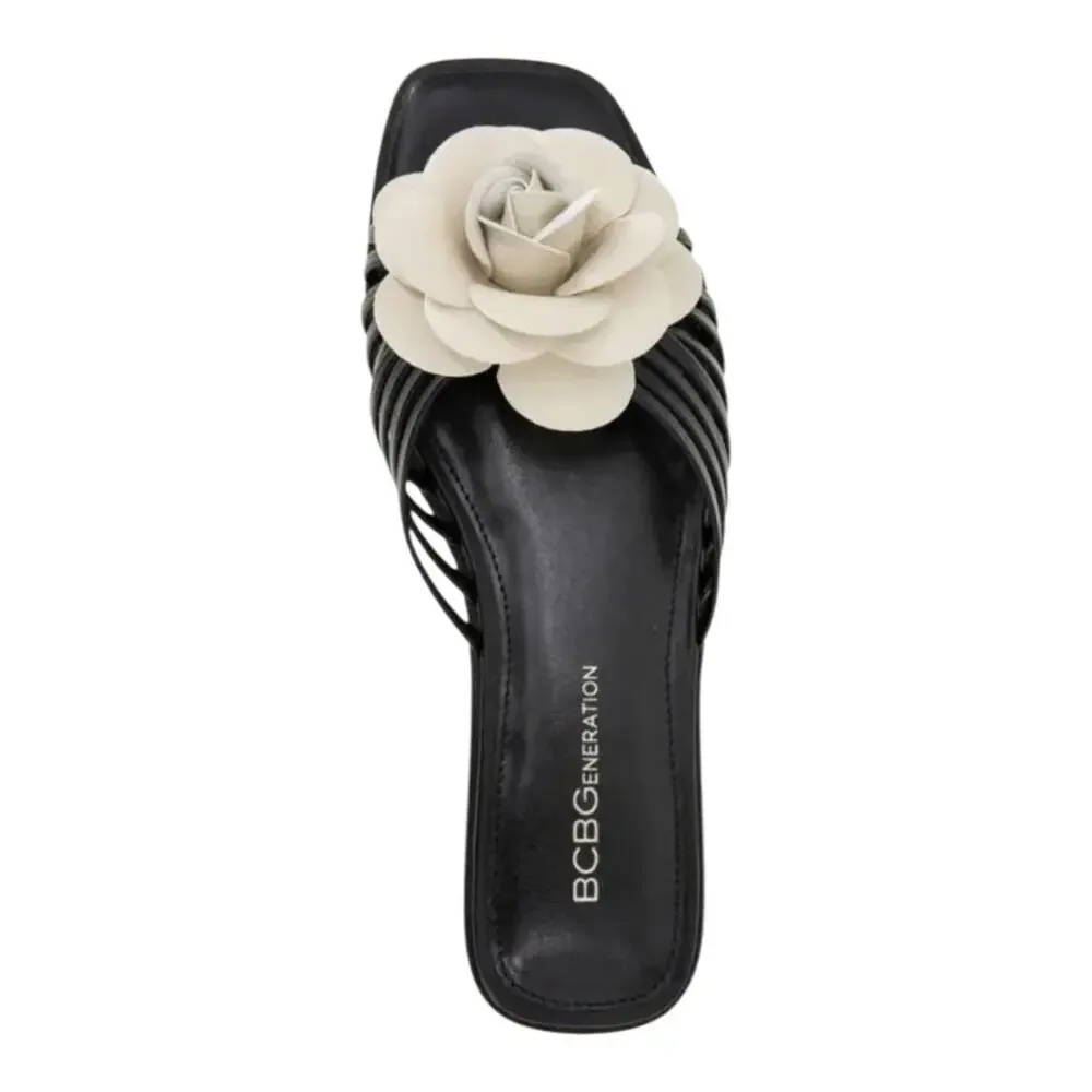 BCBGeneration Women's Masha Flower Slip On Flat Sandals Black White Size 9 1/2